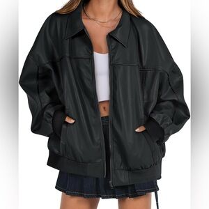 ANRABESS Black Oversized Faux Leather Jacket